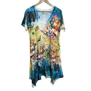 INOAH Asymmetrical Hem Midi Dress M Short Sleeve V Neck Boho USA Abstract Flowy